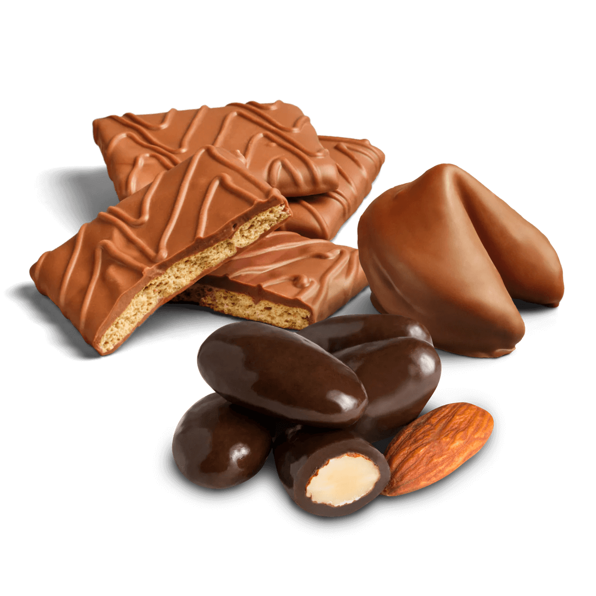 Milk Chocolate Covered Grahams, Milk Chocolate Covered Fortune Cookies, & Dark Sea Salted Chocolate Covered Almonds Set