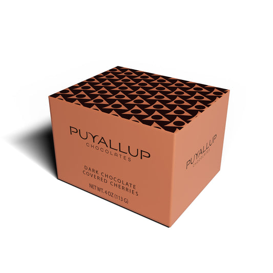 Product packaging for Puyallup Chocolates Dark Chocolate covered Cherries.