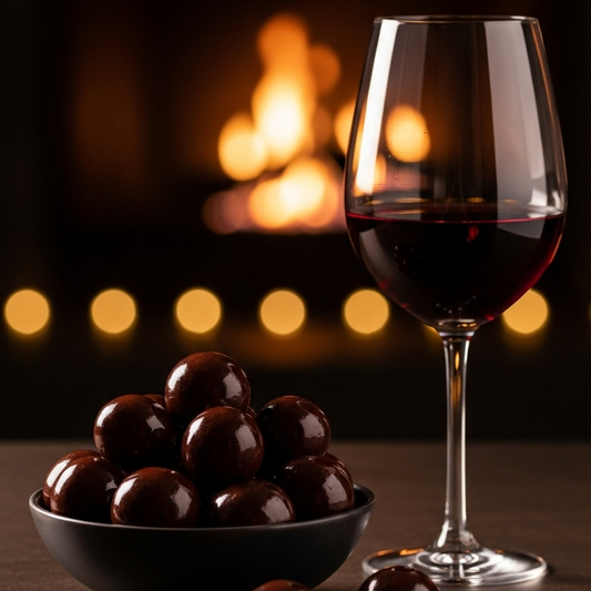 Glass of red wine and bowl of dark chocolate cherries.