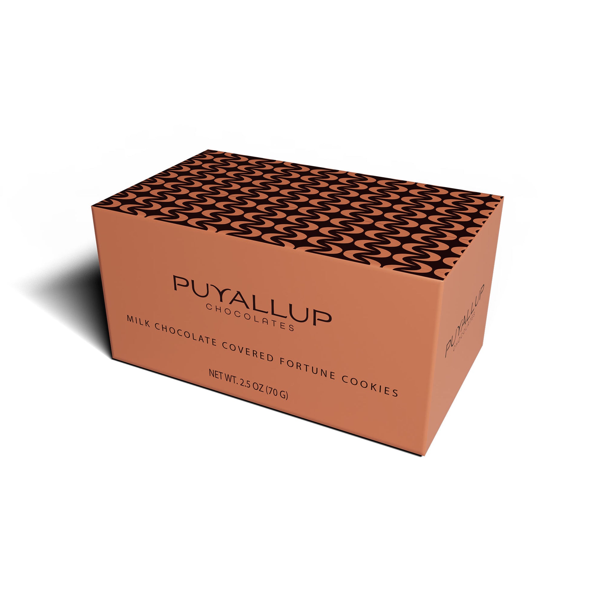 Box packaging for milk chocolate covered fortune cookies.