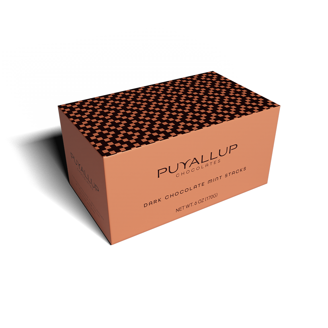 Puyallup Chocolaties dark chocolate mint stacks packaging on a white background