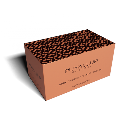 Puyallup Chocolaties dark chocolate mint stacks packaging on a white background