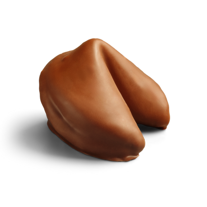 A single milk chocolate covered fortune cookie on a white background.