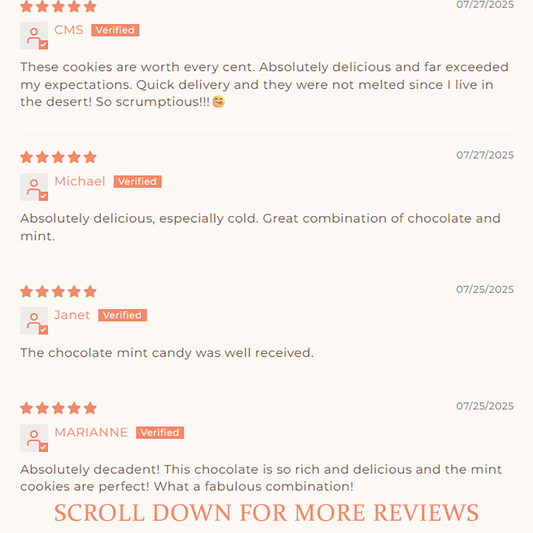 5 star verified reviews for Dark Chocolate Mint Stacks