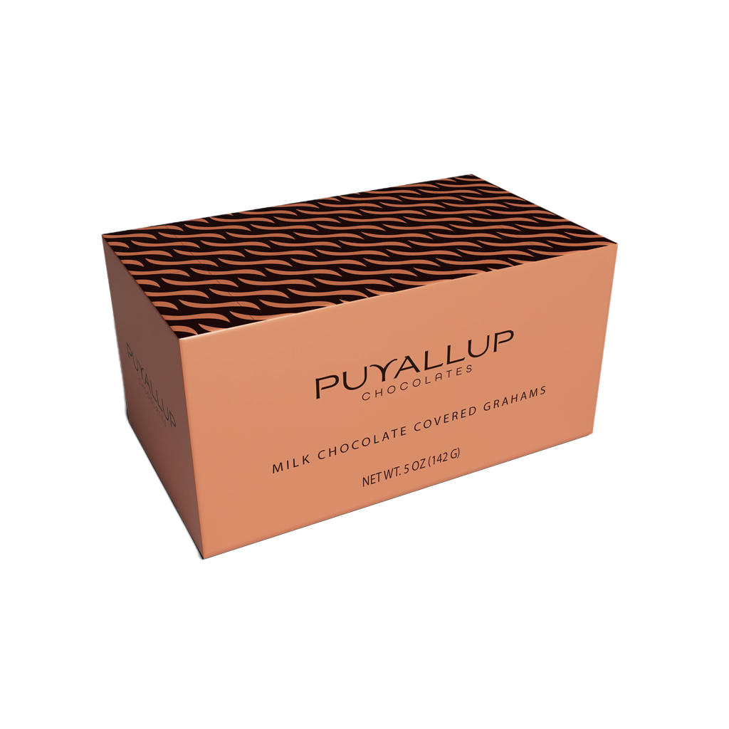 Puyallup Chocolates milk chocolate covered graham cracker box on a white background