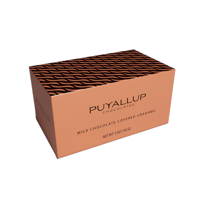 Puyallup Chocolates milk chocolate covered graham cracker box on a white background
