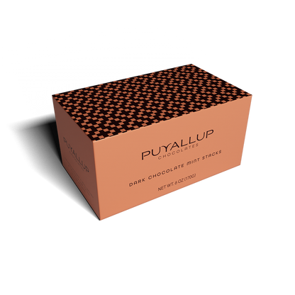 Puyallup Chocolaties dark chocolate mint stacks packaging on a white background