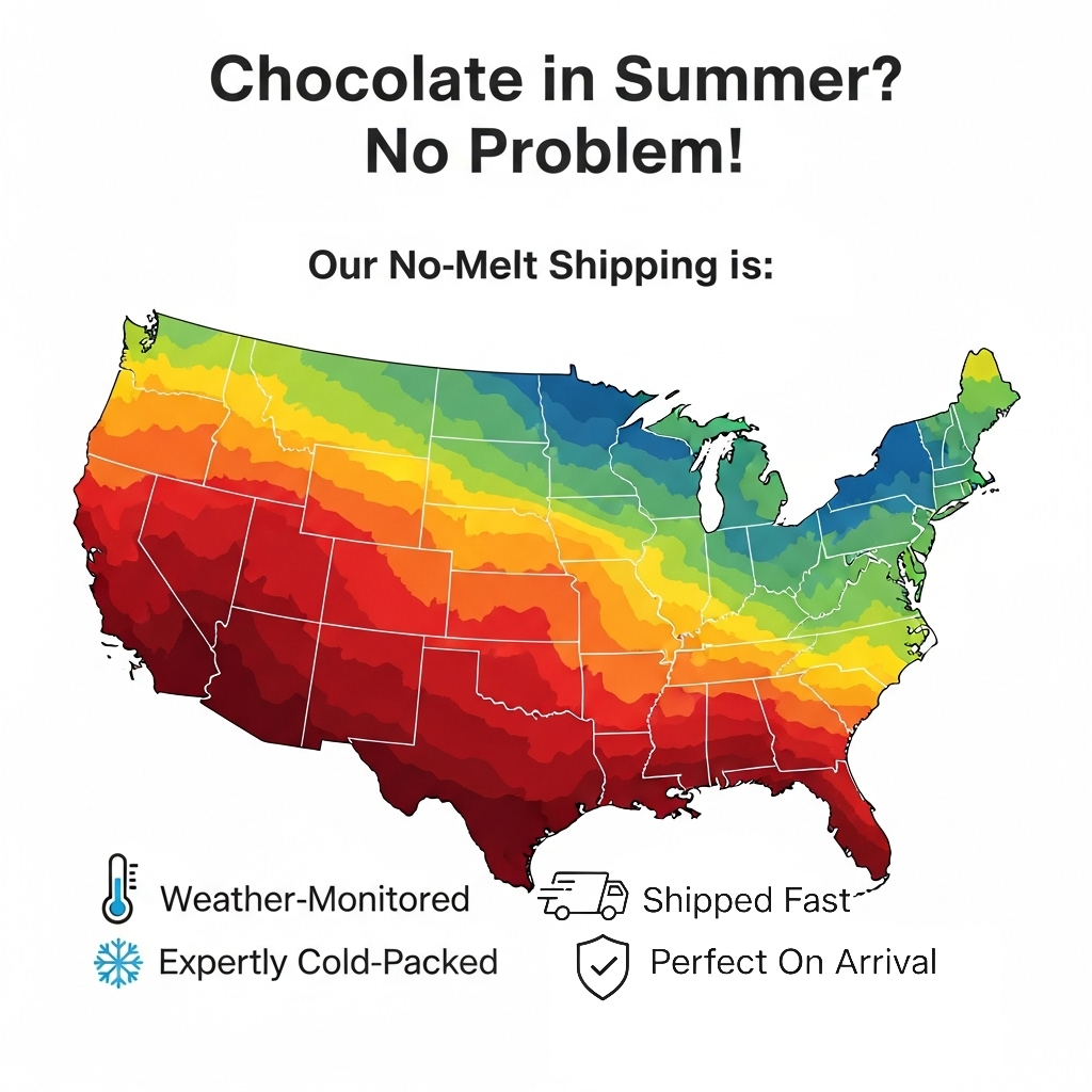Map of the United States with temperature gradient, labeled 'Chocolate in Summer? No Problem!' and benefits of weather monitored, expertly cold packed, shipped fast, and perfect on arrival.